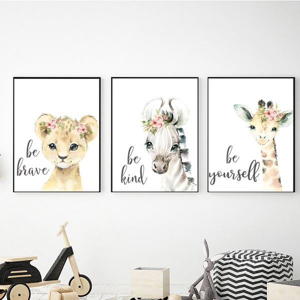 Safari Animals Be Brave with Flowers - A2 - Canvas (2.5cm ) -Set Of 3