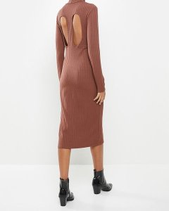Women's VELVET Turtle Neck Rib Column Midi Dress with Cut Out Back Rose