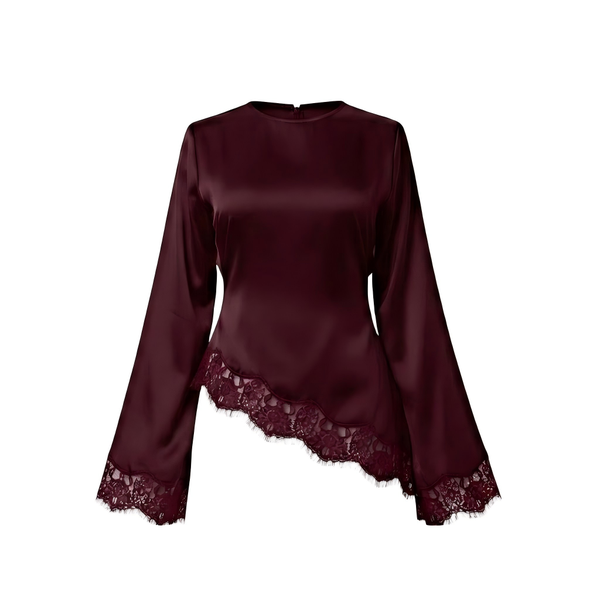 Long Sleeve Satin-Finish Blouse - Asymmetrical Lace Trim Hem Round Neck