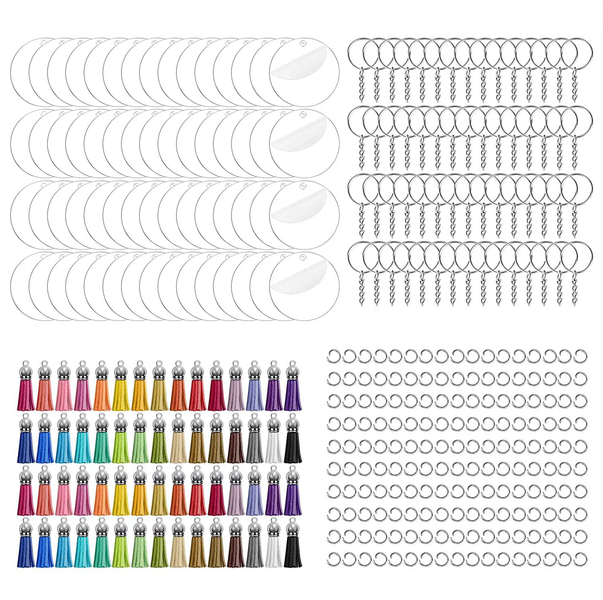 Acrylic Keychain Blanks with Chain Jump Rings &amp; Keychain Tassels -120 Piece