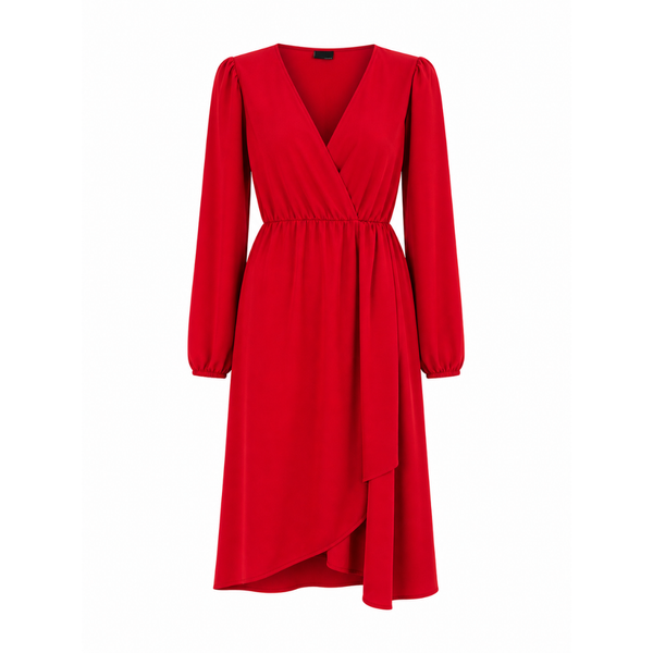 Women's Red Long Sleeve Wrap Dress with Tie Waist