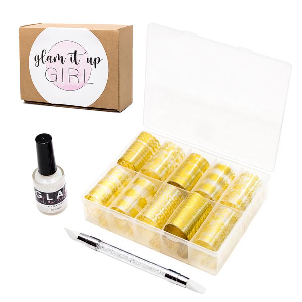 Nail Art Foil, Box of 10 Pieces, Nail Art Pen &amp; Glue (Floral)