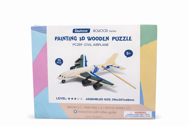 Robotime Painting 3D Wooden Puzzle Civil Airplane 35-Piece Craft Kit