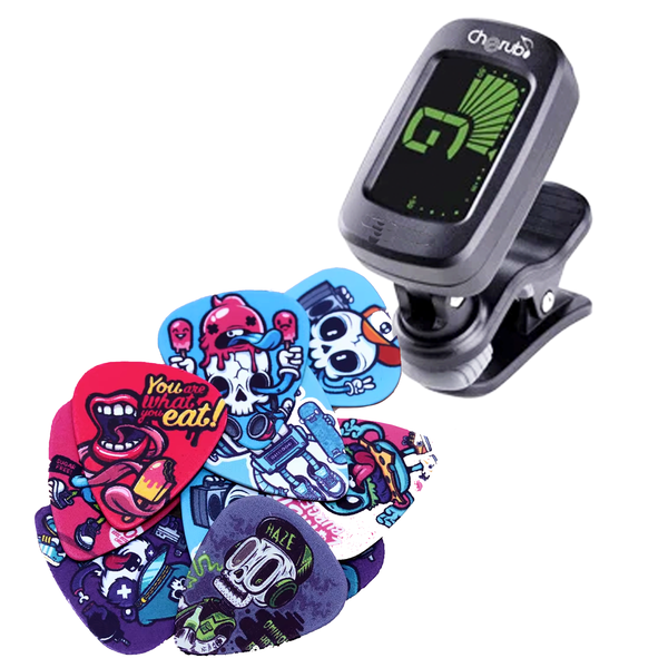 Clip-On Guitar Tuner + 6 x Zombie Apocalypse Guitar Picks for Guitarist