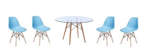 5 Piece Glass Table and Blue Wooden Leg Chairs