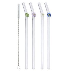 Colorful Flower Glass Straws Shatterproof Bent with Cleaning Brush - Set of 5