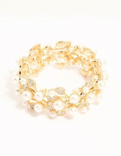 Gold Diamante Flower &amp; Pearls Stretch Bracelet