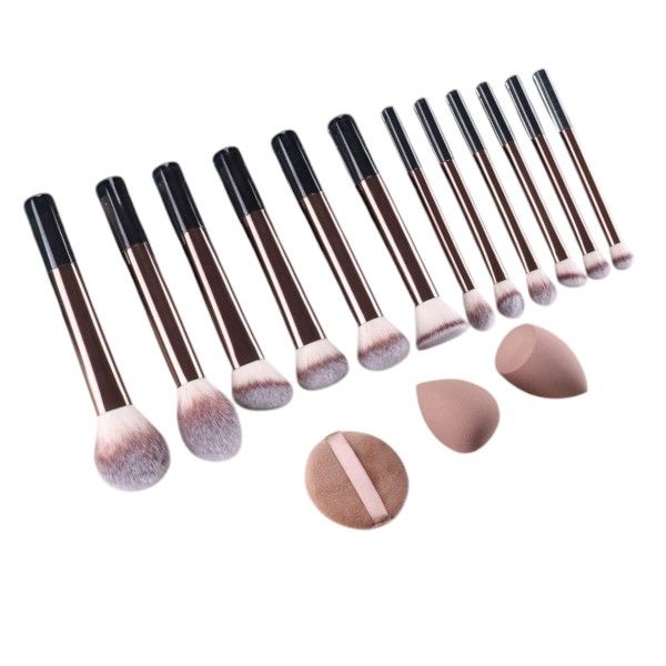 12-Piece Makeup Brush Set With Caramel Beauty Sponges - Coffee Brown