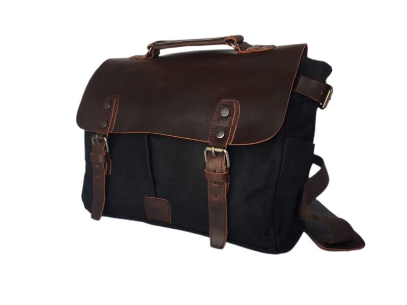 Vivace - 100% Leather &amp; Hard Canvas Laptop Bag - Black