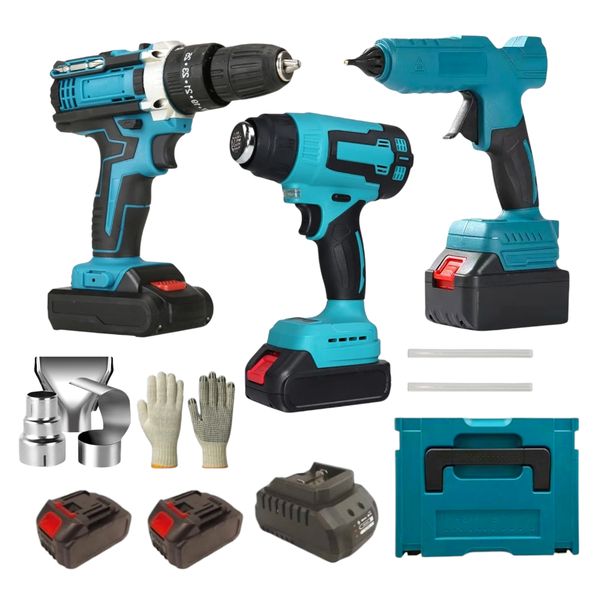 48V Cordless Li-ion Drill, Heat Gun and Glue Gun - Power Tool Kit