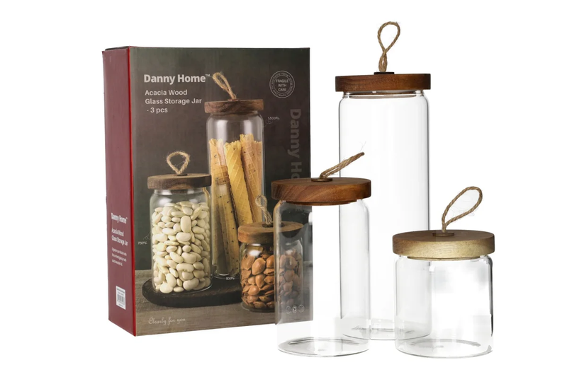 3 Piece Clear Round Glass Storage Jar With Acacia Wood Lid 3 Piece