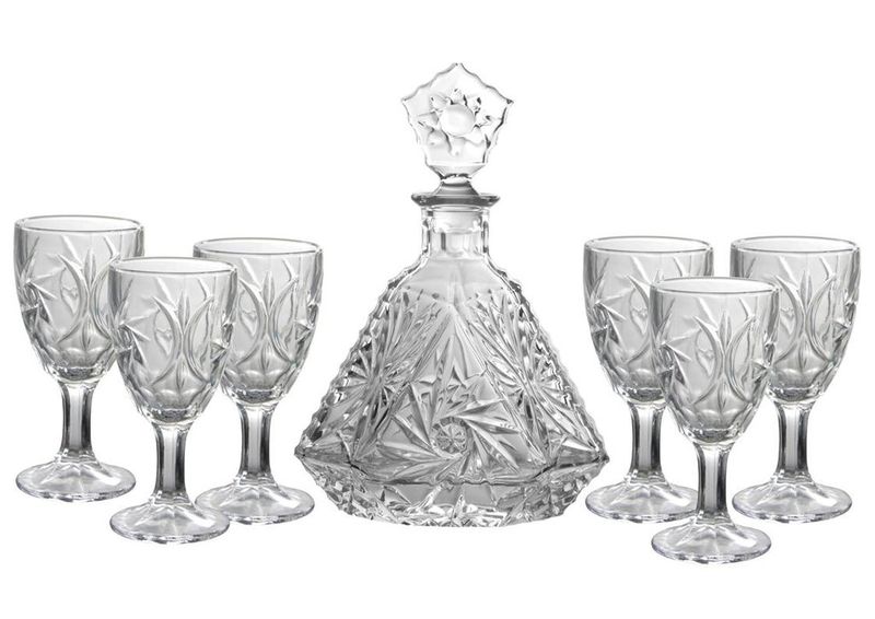 Elegant 7-Piece Clear Glass Decanter Set with 6 Wine Glasses