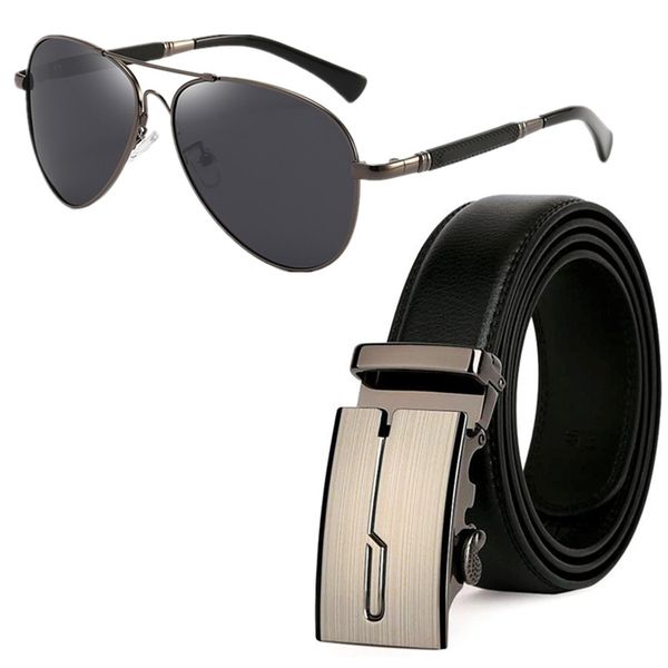 Genuine Leather Belts For Men Auto Buckle + Polarised Titanium Sunglass