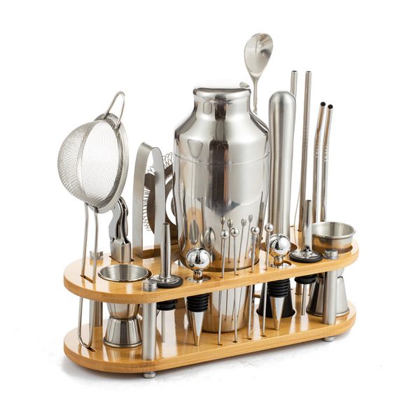 23 Piece 700ml Stainless Steel Tool Cocktail Shaker Set with Bamboo Stand