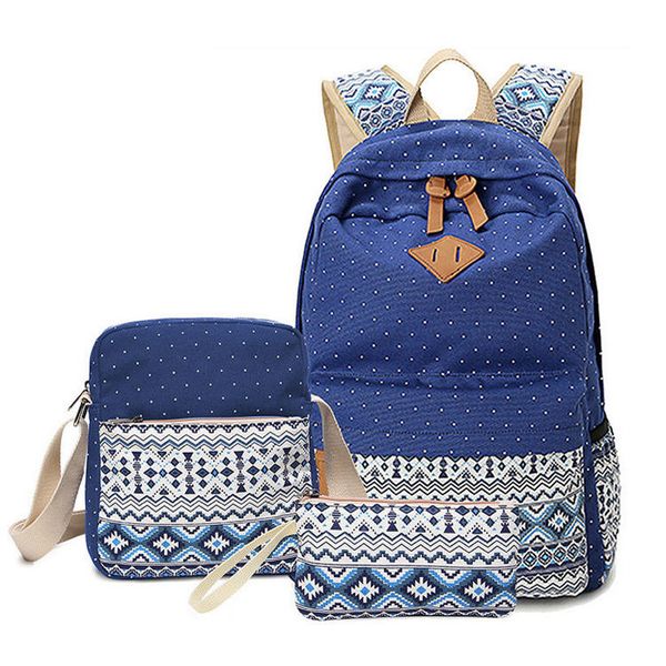 3 Pieces Printing Fashion Backpack for Teens &amp; Girls - Navy Blue