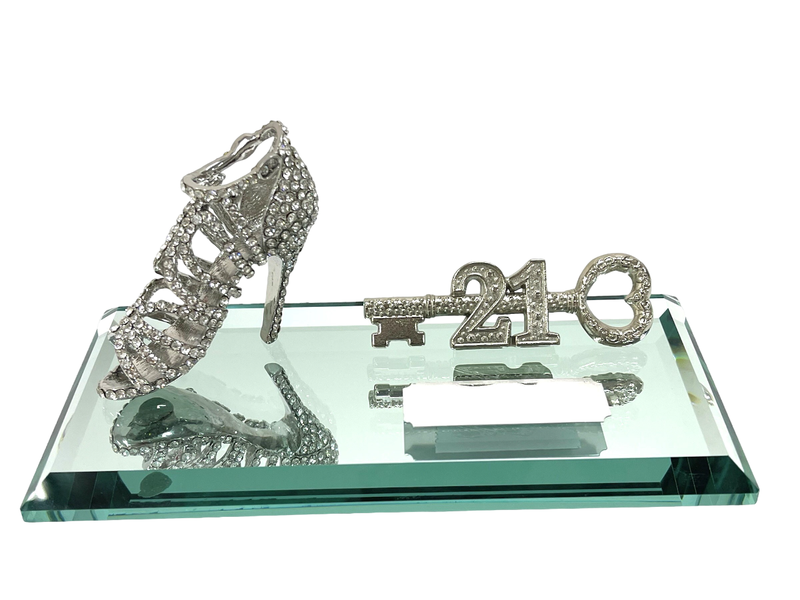 21st Key Silver High Heeled Shoe on Glass Mirror Base