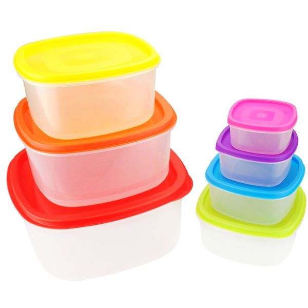 7 Piece Plastic Microwave/Fridge Food Storage Containers with Multi-Color Lids
