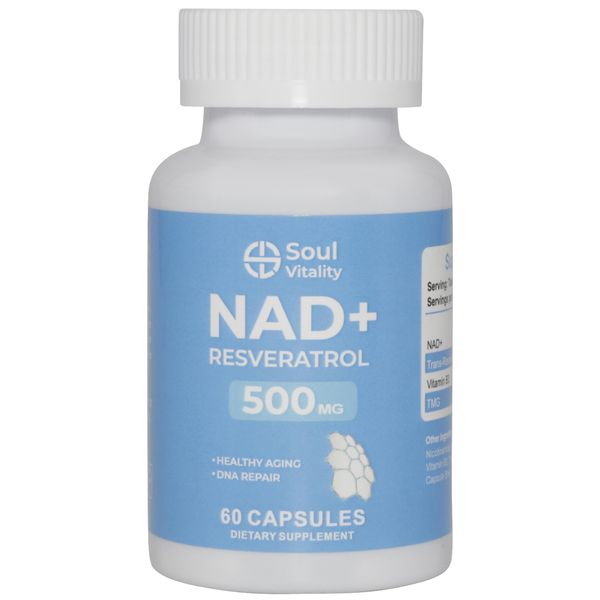 Soul Vitality NAD+ Resveratrol 500mg - 60 Dietary Supplement Capsules