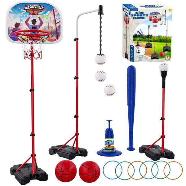 6-in-1 Kids Basketball Hoop and Ball Set Sports Gift with Electronic Scoreboard