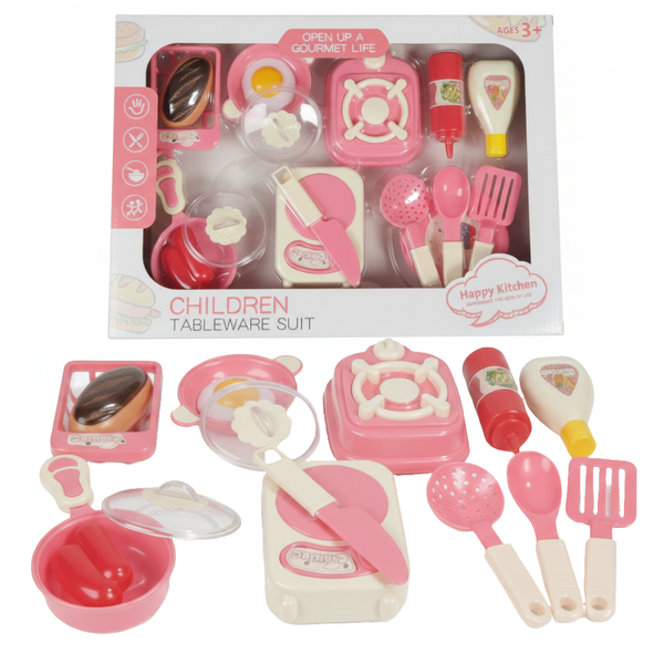 Kids Kitchen Tableware Toy Set - 12-Piece Pretend Play Cookware - Pink