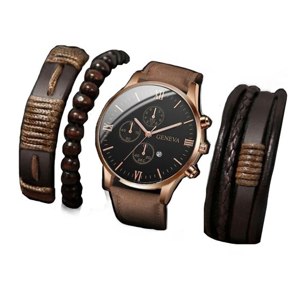 GENEVA Men - Suede Brown Watch Set - 4 Piece