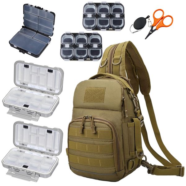 Tactical Fishing Sling/Backpack with USB + 6 Tackle Boxes Kit + Scissors