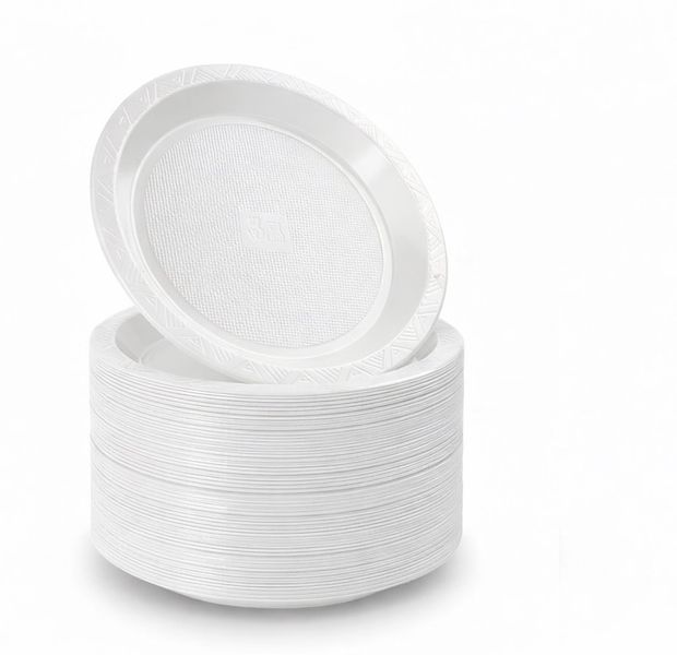 Disposable Plastic Plates 100 Pack - 23cm Party Plates (White, Pink, Blue)