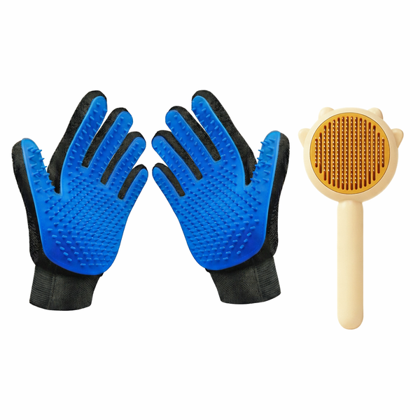 Pet Grooming Kit: 1 Pair Deshedding Gloves &amp; Self-Cleaning Brush