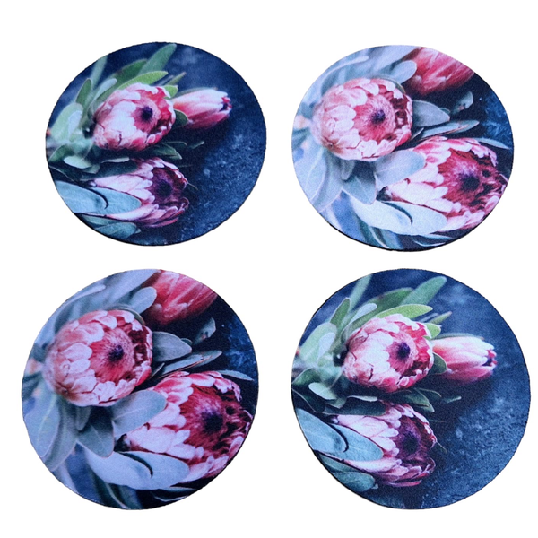 4-Piece Coaster Set with Rubber Backing - 3 Proteas with Green Leaves