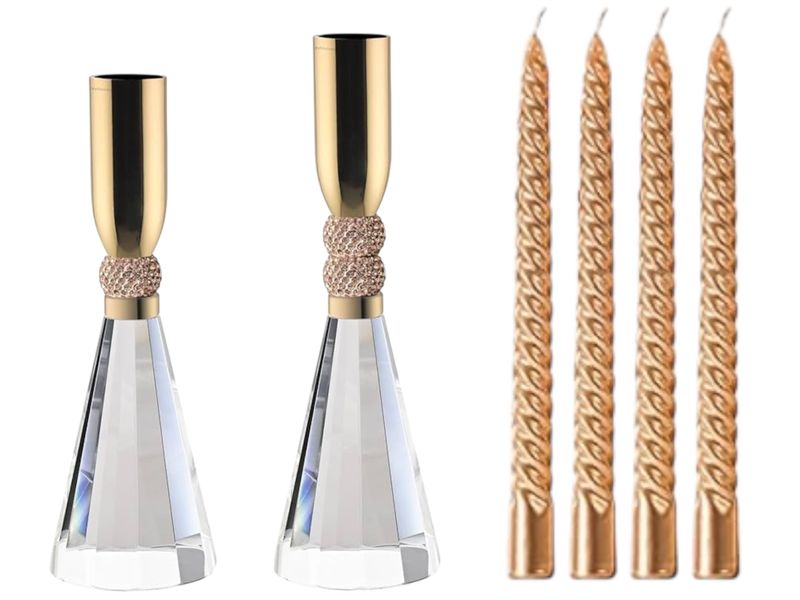 Luxury Gold &amp; Crystal Candlestick Holder with Gold Tapered Candles- 6 Pce