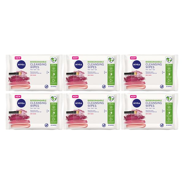 NIVEA Biodegradable Cleansing Wipes, Plant-based Face Wipes, 6x25 Wipes