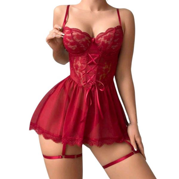 Elegant Push Up and Lace-Up Front Lingerie Dress - Set of 3
