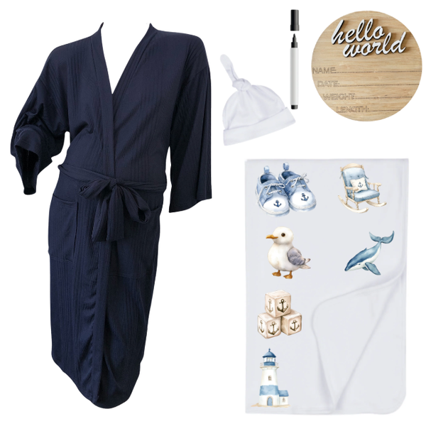 Hospital Set-Mom&amp;Me-Black Summer Gown, Swaddle &amp; Birth Ann-Sailor Ocean