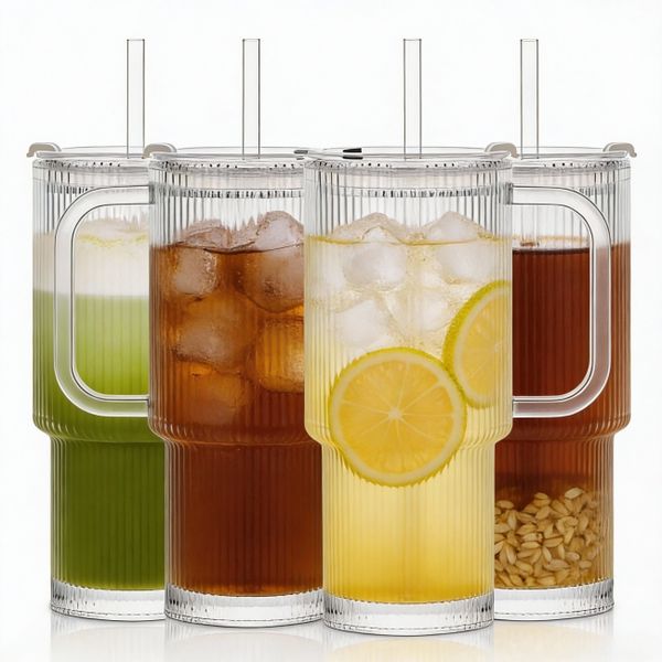 TTBD 540ml Ribbed Glass Tumbler with Handle, Lid &amp; Straw - 2 Pack