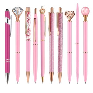 10 Luxury Pink Crystal &amp; Crown Ballpoint Black Pen Set - Decorative Designs