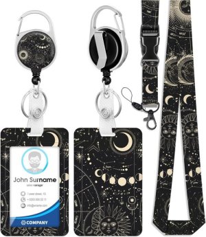 ID Card Holder with Retractable Hook &amp; Oval Reels &amp; Lanyards - Moon