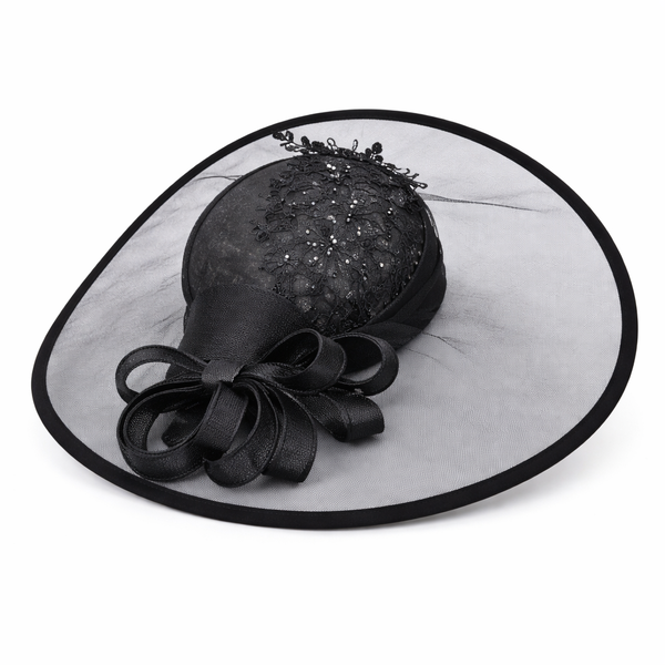 Elegant Black Fascinator with Wide Brim and Bow Detail