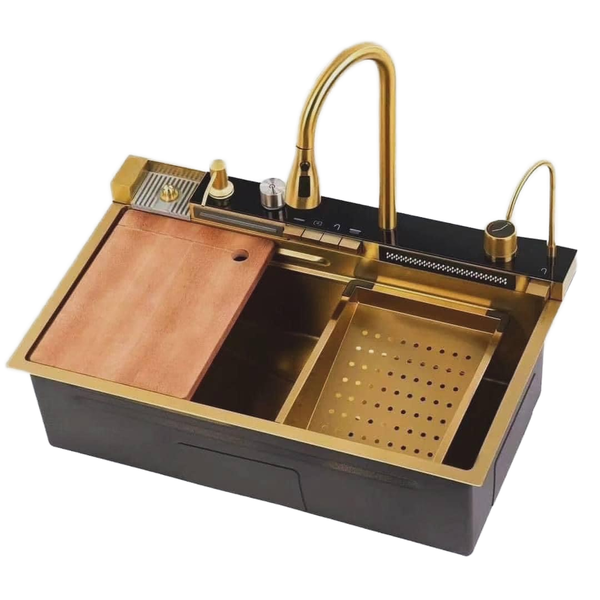 Gold Multifunctional LED Modern Kitchen Sink with digital display 7546 J-G