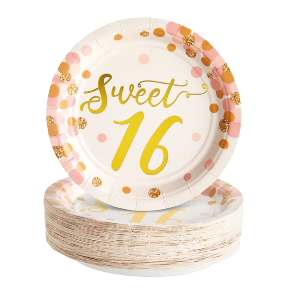 48 Pack Rose Gold and Pink Sweet 16 Birthday Plates