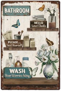 Vintage Hanging Flower Tin Sign, Bathroom Wall Art for Man Cave