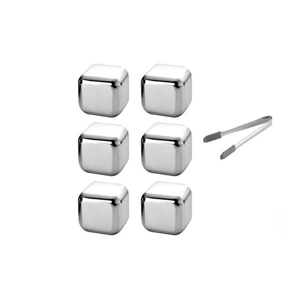 Reusable Stainless Steel Ice Cubes with Tong - Set of 6