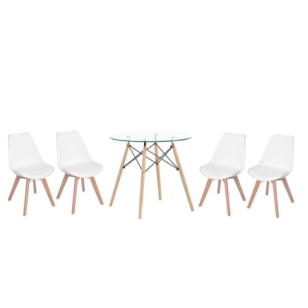 Elegant 4-Seater Glass Dining Table and 4 Padded Wooden Leg Chairs-White