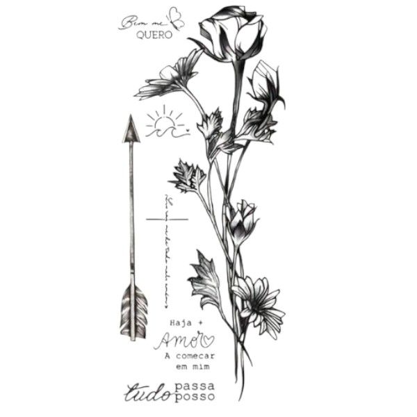 1 Piece - Line Art Rose &amp; Motivational Script Temporary Tattoo - Black