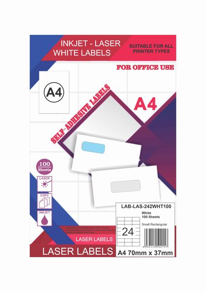 24-UP A4 Printable White Labels 70mm x 37mm 100-Sheets per Pack