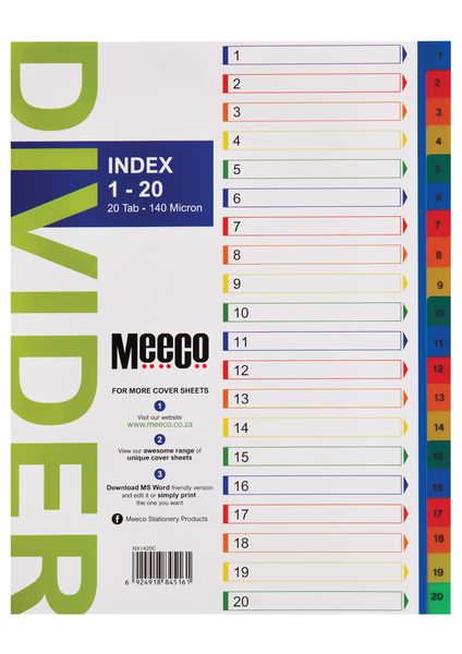 Meeco A4 20 Tab (1-20) Bright Multi Colour Dividers