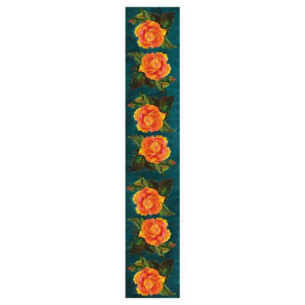 Orange Water Painted Flowers on Emerald Green Table Runner