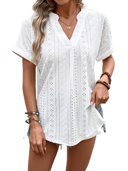 Women's White Short Sleeve Henley Summer Top V-Neck Dressy Casual Blouse