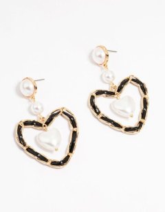 Lovisa Gold Pearl Black Heart Drop Earrings