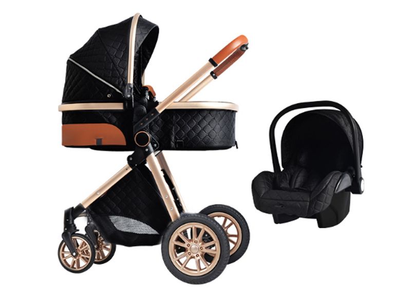 Multi-Functional 3 in 1 High Eggshell Pram &amp; Folding Baby Stroller-Black