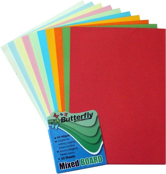 Butterfly A4 Bright &amp; Pastel Board 50'S Sheets - Assorted